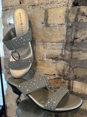 Karen Scott Silver Rhinestone Double-Strap Slide Mules